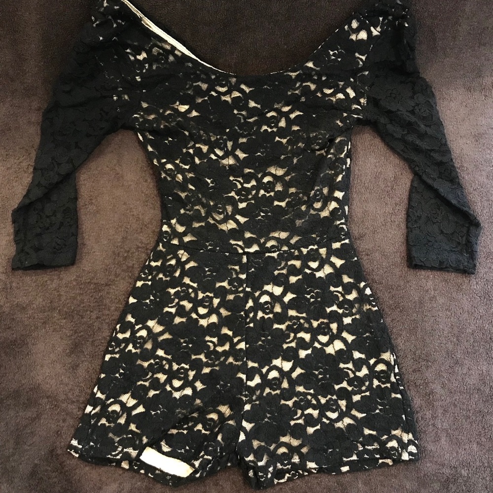 Open Back Black Lace Romper w/ Nude Underlay